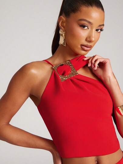 NYA SZN Kerri Top Scarf Detail Drape Gold Hardware Elegant Formal Going Out Everyday Casual Cool Girl Special Event Business Office Siren Luxury Brunch Statment Red Outfits For Women