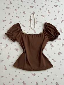 Elamini Casual Lace Trim Colorblock T-Shirt For Women - Brown - View 2