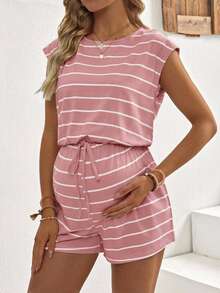SHEIN Maternity Casual Striped Round Neck Waist Jumpsuit, Summer - Pink - View 5