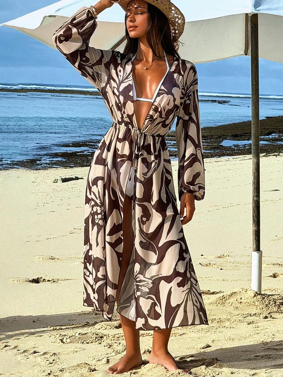 Swim Vcay Women's Spring/Summer Beach Dress, Long Sleeve Printed Waist-Cinched Slit Vacation Cover Up Dress, Kimono Cover-Up - Coffee Brown - View 1