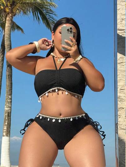 Swim Vcay 大码女式两件套纯色吊带背心上衣，蕾丝下摆，高腰蕾丝边三角比基尼泳裤，性感沙滩度假极简比基尼套装