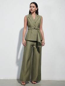 Aveloria Modichic New Arrival Modern Elegant Professional Stylish Design Casual Sleeveless Blazer & Straight Leg Pants Suit Set - Army Green - View 3