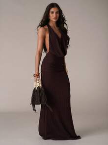 SHEIN BAE Elegant Dark Brown Textured Fabric Halter Dress With Beaded Decor,Summer Night Out Casual Resort Pool Party Beach Vacation Dresses For Women - Coffee Brown - View 1