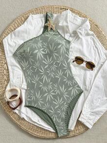 Swim Vcay Sexy One-Piece Swimsuit For Women, Shell & Starfish Decor, Bodycon Beach Holiday Swimwear - Army Green - View 2