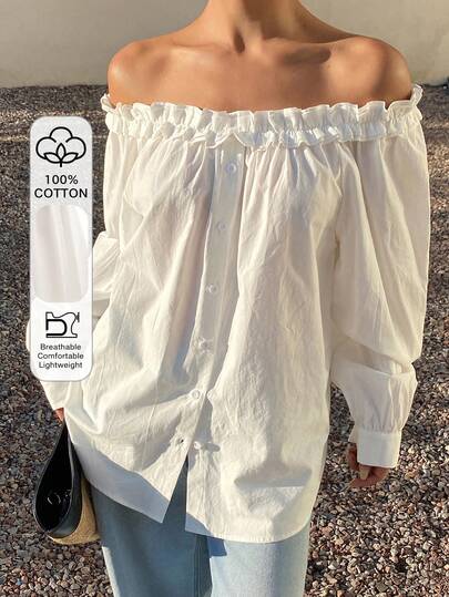 DAZY Women's Solid Color Loose Ruffled Off Shoulder Long Sleeve Casual Vacation Blouse