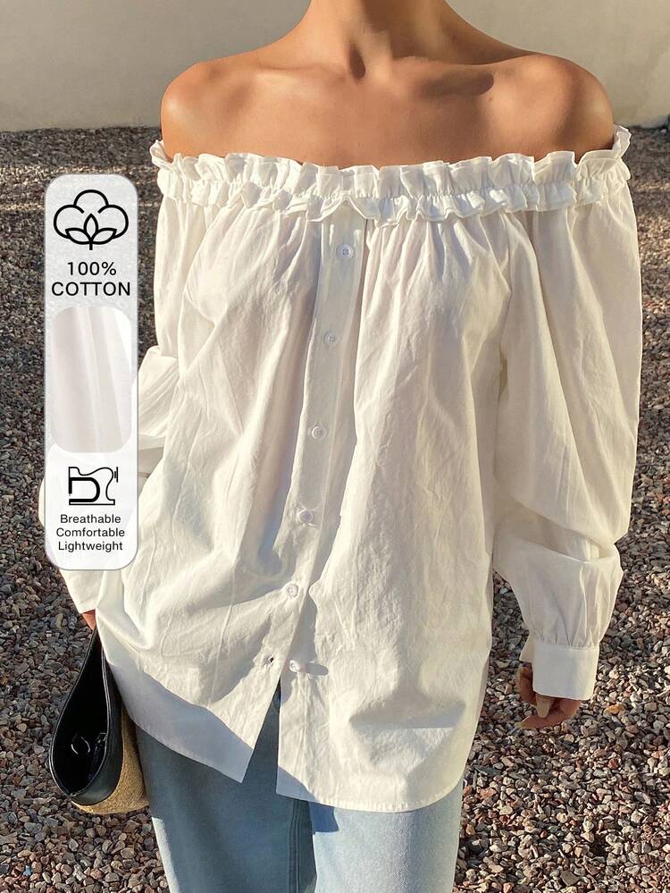 Women's Solid Color Loose Ruffled Off Shoulder Long Sleeve Casual Vacation Blouse