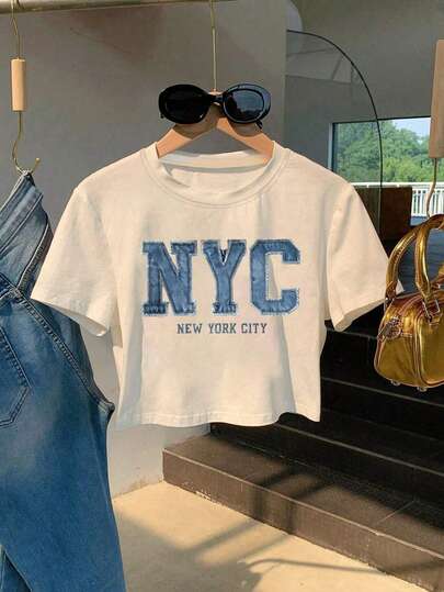 Resyla プラスサイズ レディース レタープリント ラウンドネック 半袖 カジュアル クロップド Tシャツ