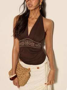 COSMINA Women's Elegant Versatile Deep V Halter Tie Knit Embroidered Tank Top, Suitable For Spring/Summer, Boho Vacation, Beach, Daily Commute, Office,  Brown Summer Top,  Brown Tops For Ladies,  Brown Festival Top,  Brown Cover Up Top,  Beach Outfit For Women - Brown - View 1