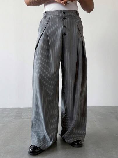 PAVTROS Men's Casual Button Front Pleated Striped Trousers Wide Leg Pants Grey Pants Pinstripe Pants Pleated Pants Loose Pants