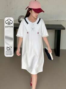 DAZY Vestido casual de estilo colegial con cuello puntiagudo, manga corta, estampado de lazos y contraste de colores para niña preadolescente en verano - Blanco - Ver 1