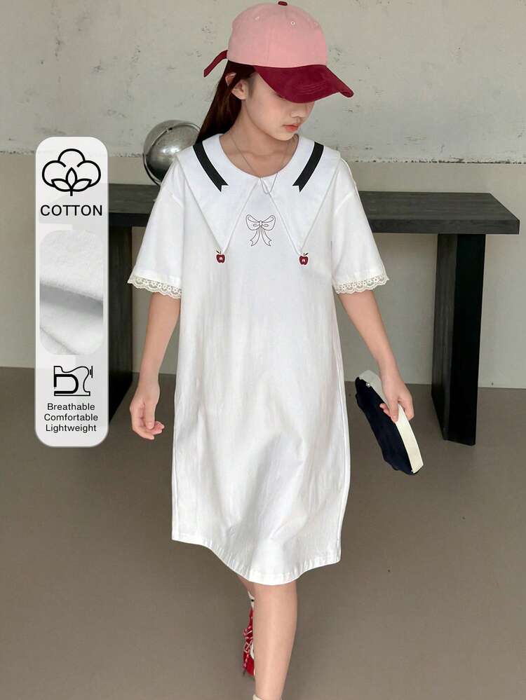 Tween Girl Bow Print Contrast Color Pointed Collar Short Sleeve Casual Preppy Style Dress Summer