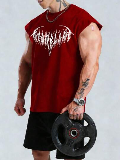 GymBeat 男士哥特风印花休闲运动背心，夏季