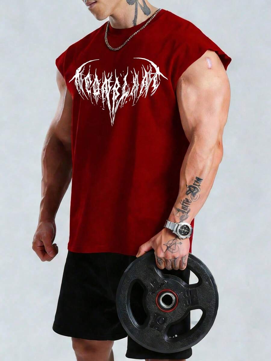 GymBeat Men's Gothic Style Printed Casual Sports Tank Top, Summer - Burgundy - View 1