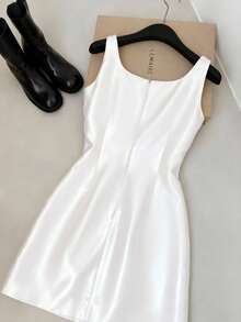 GlowEve Women's Square Neck Sleeveless Dress With Bow Design - White - View 2