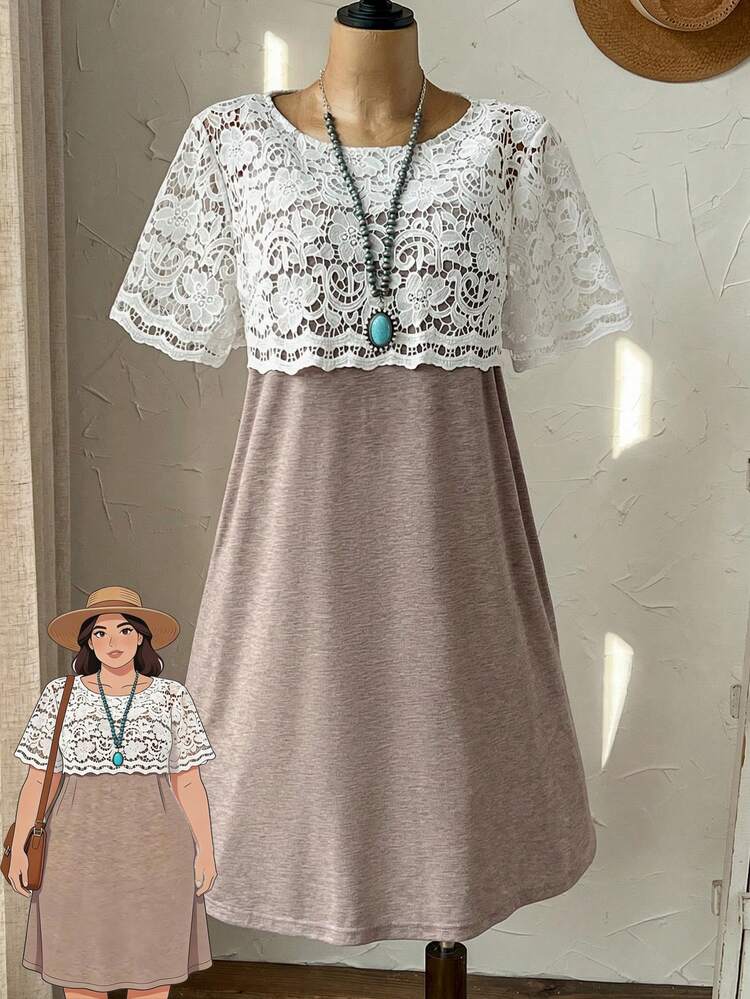 Plus Size Women's Lace Patchwork Round Neck Short Sleeve Casual Dress Brown Beach Dress Dresses For Women Summer Boho Dress Women Brown Dress Crochet Dresses For Women Casual Outfit For Women Dress Casual Dresses For Women Summer Boho Chic Women's Clothing Bohemian Outfit For Women Dress Boho Women's Summer Outfits Vintage Outfit For Women Women Casual Dresses Women's Summer Dresses New Arrival Dress For Women Casual Casual Dress For Women