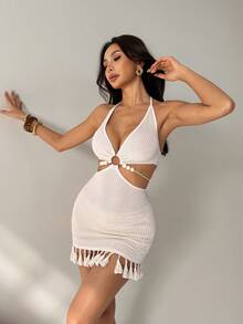 SHEIN PETITE 夏季海滩度假露背吊带腰部镂空下摆流苏米色紧身迷你连衣裙 - 杏色 - 查看 7