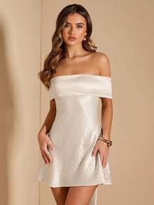 SHEIN BAE Apricot & White Satin A-Line Sleeveless Off-Shoulder Elegant Dress, Suitable For Vacation, Bridesmaid, Birthday, Graduation, White Dress - White - View 7