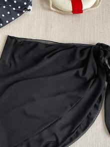 PrepCrw 2件套少女休闲度假优雅都市可爱黑白波点荷叶边装饰吊带连体泳衣，配三角围巾裙，适合海滩、泳池、度假、春夏季节穿着。 - 黑與白 - 查看 5
