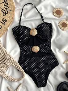 SHEIN Teen Girls Black 1pc Detachable Strap Hollow Starfish Accent Ruched One-Piece Swimsuit Summer,Beach - Black - View 6