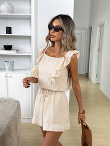 Easowa 100% Cotton Casual Jumpsuit With Square Neck, Cap Sleeve, Suspender, Textured Crepe Fabric, Relaxed & Elegant Commuting Style, Suitable For Spring/Summer - Apricot - View 6