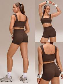 GLOWMODE Ultrafine Soft Seamless Square Neckline Removable Cups Ribbed Underbust Sports Bra & 4.3" Scrunch Butt Lifting Shorts Set Running Workout Gym - Brown - View 8