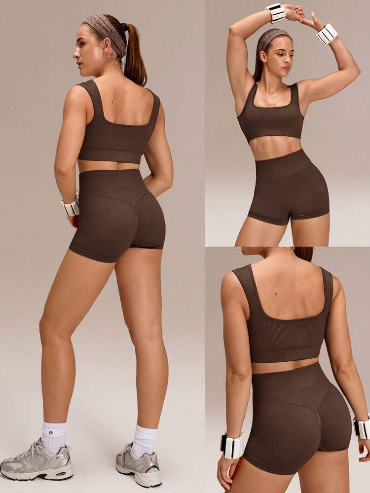Ultrafine Soft Seamless Square Neckline Removable Cups Ribbed Underbust Sports Bra & 4.3" Scrunch Butt Lifting Shorts Set Training Running Workout Gym Wear