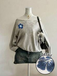 SHEIN EZwear 休闲运动风数码压纹蓝色芙蓉花图案露肩宽松长袖卫衣，适合早春穿着 - 淺灰色 - 查看 7
