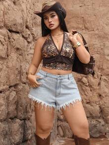 Jeanoix Y2K 时尚休闲水钻装饰宽松毛边牛仔短裤 - 淺色水洗藍 - 查看 3