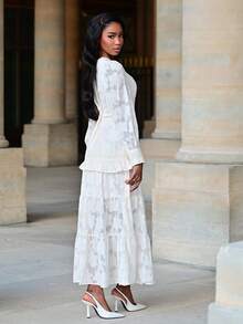 Mima John V 领泡泡袖收腰优雅长裙女装 - 杏色 - 查看 4