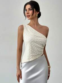 Firerie Áo kiểu nữ thanh lịch, lãng mạn, thích hợp mặc hàng ngày đi biển, đi nghỉ mát, ôm dáng, màu mơ, chất liệu vải dệt họa tiết tua rua, một vai, hở lưng, dây buộc, vạt áo bất đối xứng, trang phục đi biển, áo tank top đi biển. - Màu be - Xem 4