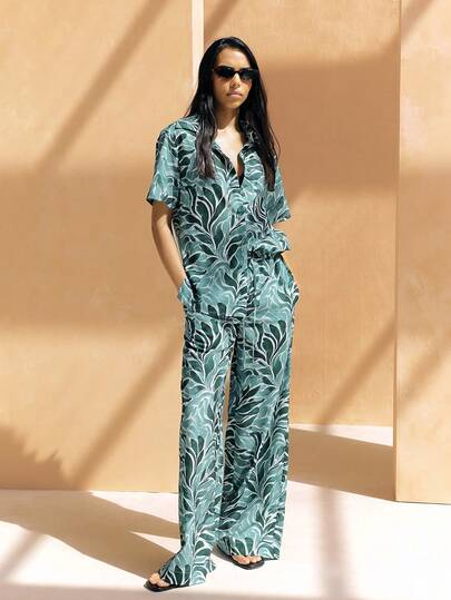 KSTM Women Tropical Leaf Print Two Piece Co Ord Set Short Sleeve Button Up Shirt With Wide Leg Palazzo Pants Summer Resort Vacation Outfit