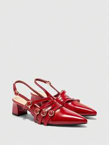 CUCCOO BIZCHIC Bombas de tacón cuadrado grueso con punta cuadrada de cuero patentado rojo para mujer, diseño de 4 correas, adecuado para atuendo de trabajo - Burdeos - Ver 2