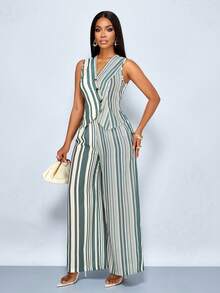 SOLERSUN 两件套女士春夏条纹印花休闲优雅套装，V领无袖裹身背心西装外套和阔腿裤，适合派对、商务、办公室、度假、下午茶等场合。 - 軍綠色 - 查看 6