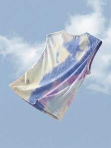 SHEIN Áo tank top cổ tròn họa tiết cây dừa nhuộm màu tie-dye dành cho bé trai tuổi teen, thích hợp mặc đi làm, đi học, mặc thường ngày, chơi thể thao, mùa xuân/hè, đi nghỉ mát. - Màu tím hoa cà - Xem 2