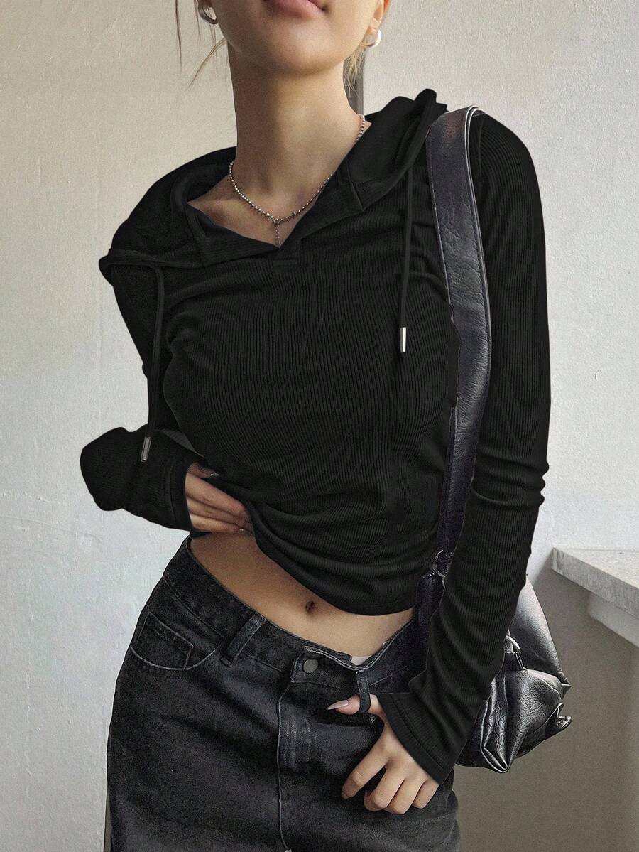 DAZY Camiseta De Manga Larga Con Capucha Y Cordón De Color Sólido Para Mujer - Negro - Ver 1