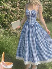 SHEIN MOD Vestido midi de estilo romántico y campestre con estampado de cuadros rojos y blancos - Celeste - Ver 4