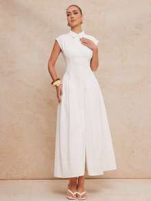 Lumalex 100Cotton Women's Solid Color Casual Casual Minimalist Everyday Dress ,Elegant And Casual Sleeveless A-Line Long Dress With Shirt Collar Graduation Dress,Wedding Guest Brunch Dress Women,Vacation Outfits Woman,Graduation Dresses For Women,Sundress,Birthday Dresses For Women,Off-White Dress Business Casual Woman Summmer Elegant Evening Dress Party Button Down Dress For Women Elegant Dress - White - View 5