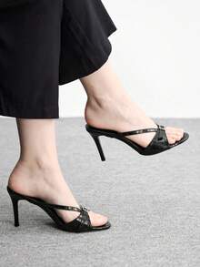 CUCCOO BIZCHIC 女士夏季新款圆头细跟高跟黑色压纹简约女式高跟凉鞋日常百搭通勤时尚优雅派对宴会高跟凉鞋 - 黑色 - 查看 2