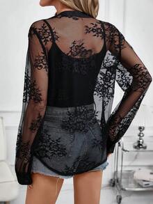 SHEIN Clasi Blouse à manches longues sexy et polyvalente avec empiècement en dentelle col V pour femmes - Noir - Voir 2