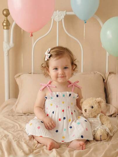 SHEIN Playful Pals 可爱甜美彩色波点印花吊带蝴蝶结抽绳A字连衣裙，适合男宝宝、女宝宝、0-3岁婴幼儿，男女通用，适合生日派对、日常穿着、度假、儿童户外服装