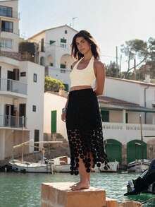 Maija 女士U领水钻装饰无袖上衣，简约时尚修身休闲背心，适合日常、商务、海滩度假，露肩上衣 - 米色 - 查看 8