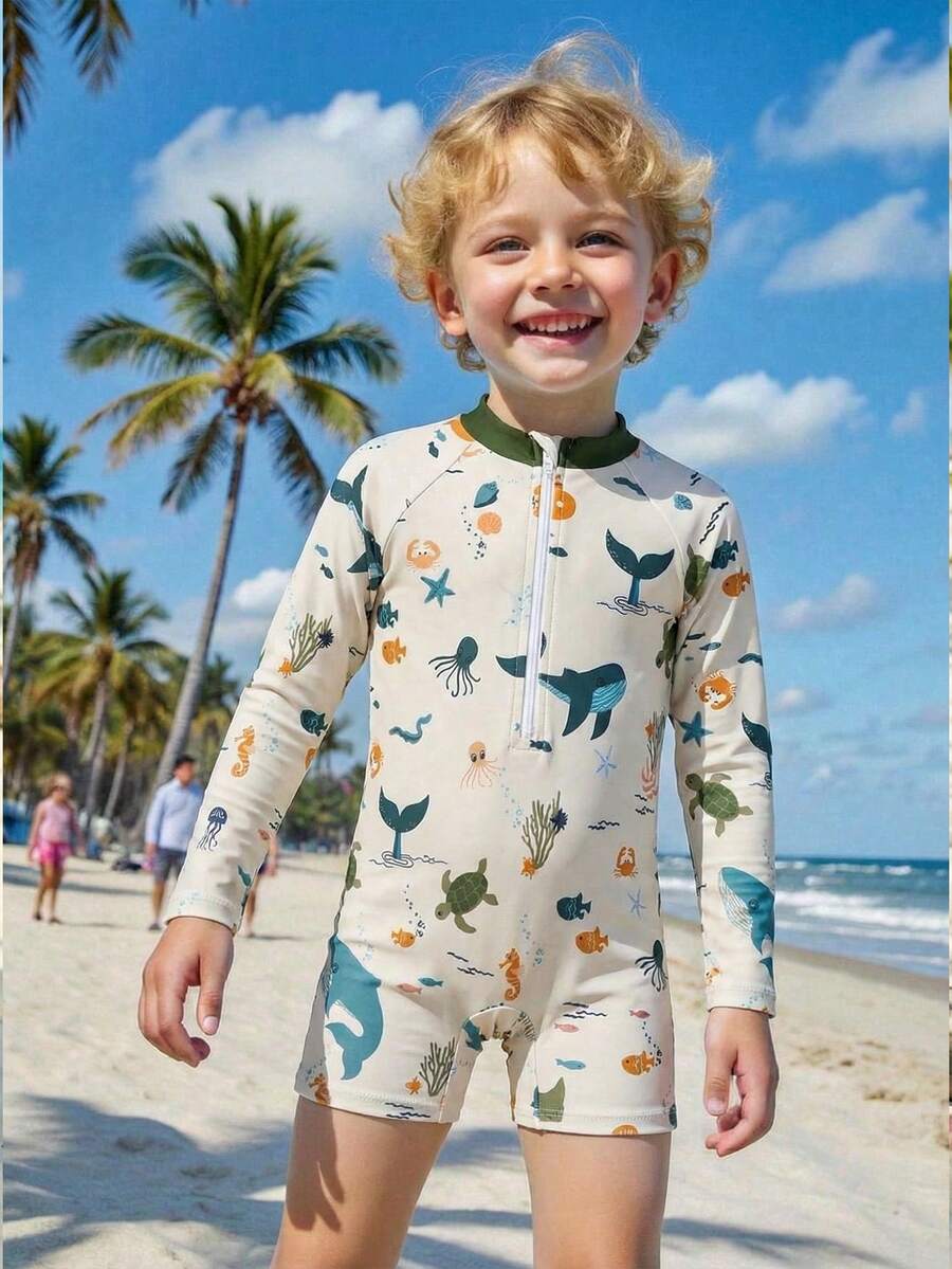 SHEIN Playful Pals Áo bơi dài tay, khóa kéo nửa thân trước, in hình sinh vật biển dành cho bé trai. - Nhiều màu - Xem 1