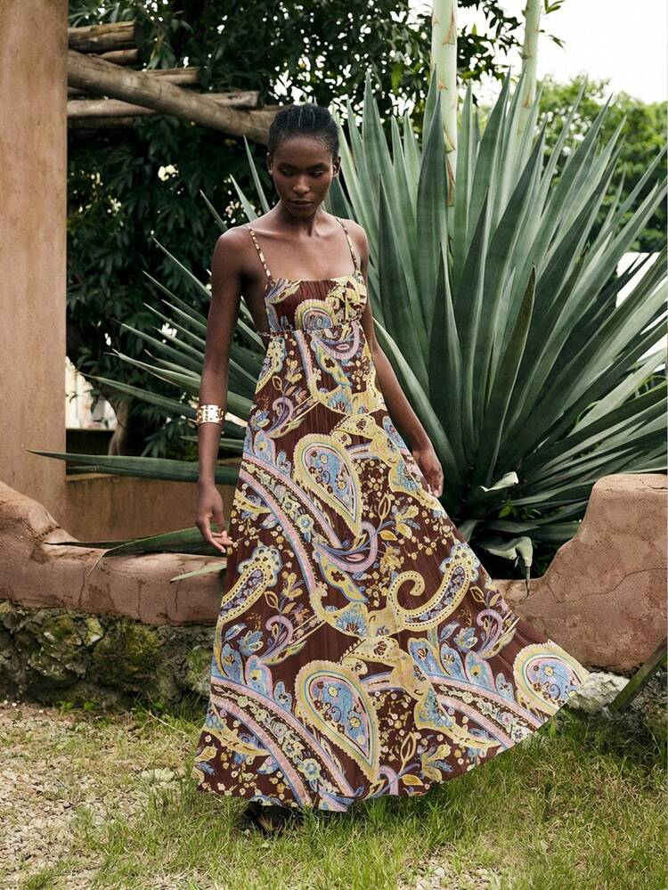 SHEIN Maija Women's Floral Print Ruched Dress, Suitable For Vacation, Dates, Outings, Fashionable Summer, Summer Dress , Summer Dresses For Women, Summer Outfits, Summer Clothes, Spring Outfit Women, Spring Clothing, Spring Clothes Women, Spring Break Outfits, Spring Outfit, Festival Dress For Women, New Festival Dress, St Patrick's Day, São João, Beach Dresses, Beach Outfit For Women, Elegant Dress Women, Elegant Dresses, Paisley Print, Pastel Color, Women's Pleated Maxi Dress, Spaghetti Straps, Open Back Design  St Patrick's Day Women Easter Summer Outfits Easter Dress Women Party Top Beach Dress Summer Holiday Outfits Each Vacation Outfits For Women  Summer Outfit For Women Going Out Outfits Graduation Graduation Outfit  Casual Dresses  Casual Blouses For Women