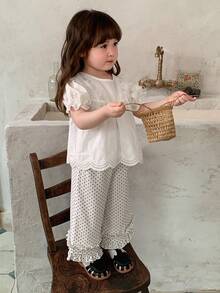 Dazy Kids Áo thun cổ tròn tay phồng phối ren cho bé gái - trắng - Xem 4