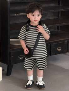 DAZY Baby Boy Round Neck Short Sleeve Casual T-Shirt And Shorts Set Summer Toddler - Black - View 6