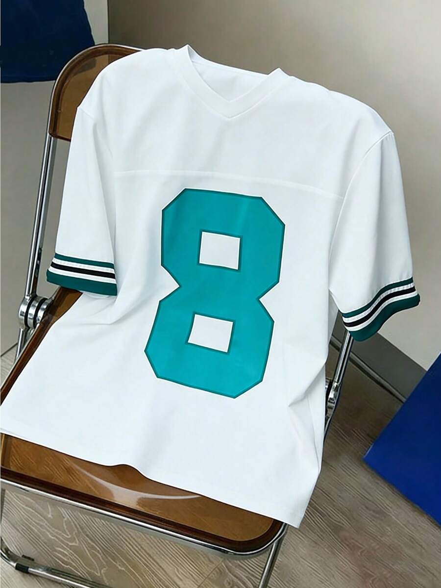 Manfinity Joysei Camiseta de manga corta de cuello redondo con estampado numérico, casual y versátil para uso diario - Blanco - Ver 1