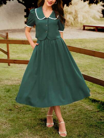 Vintamour Vintage Classic Elegant Floral Print 2-Piece Set For Women, Spring/Summer, Collared, Lace Patchwork, Green Short Sleeve