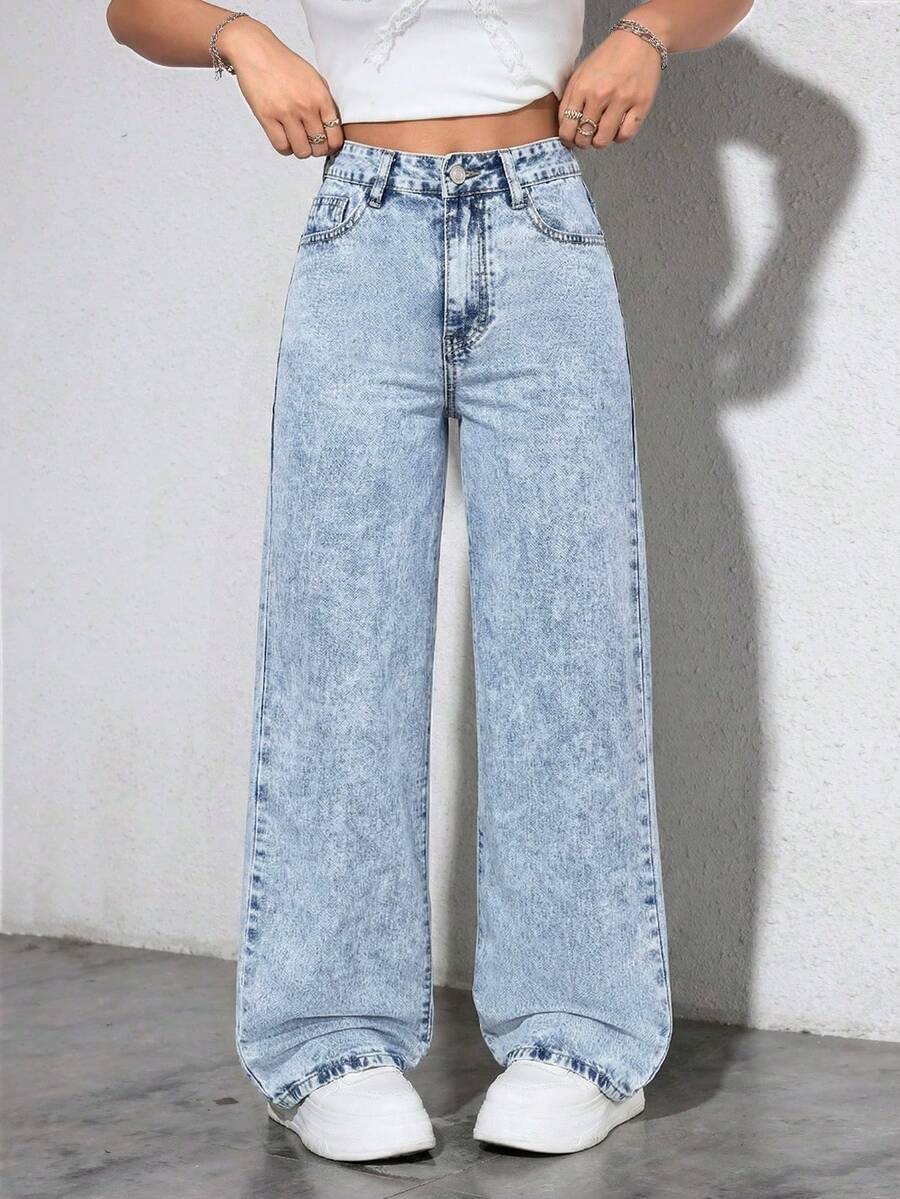 Jeanoix Quần Jeans Ống Rộng Dáng Rộng Thường Ngày Cho Nữ - Rửa tối - Xem 1
