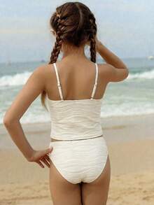 SHEIN Teen Girl Summer Textured Tank Top And Briefs Set - Perfect For Beach, Poolside, And Leisure Vacations In Spring/Summer - Apricot - View 2