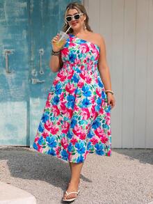 Vivid Eden Sukienka z szyfonu z nadrukiem w dużym rozmiarze, na jedno ramię, odpowiednia na wiosnę/lato - Niebieski i biały - Zobacz 1